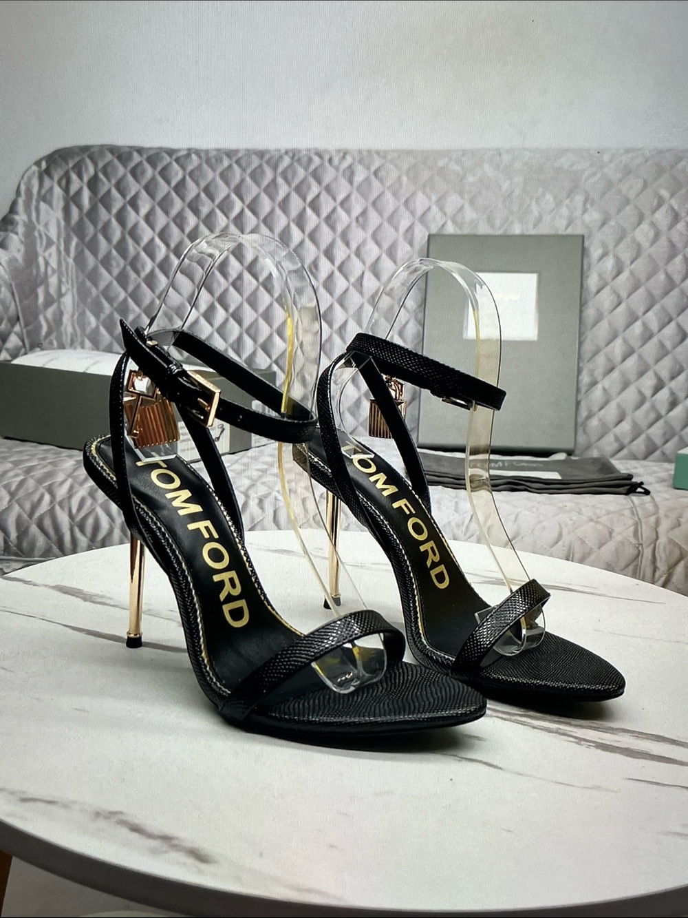 Tom Ford Black Heeled Sandals with Gold Stiletto Heel